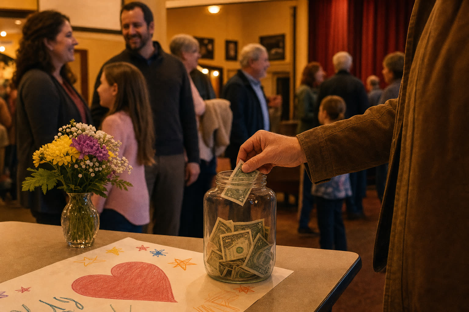 A supporter places a bill into a donation jar at a community theatre lobby table