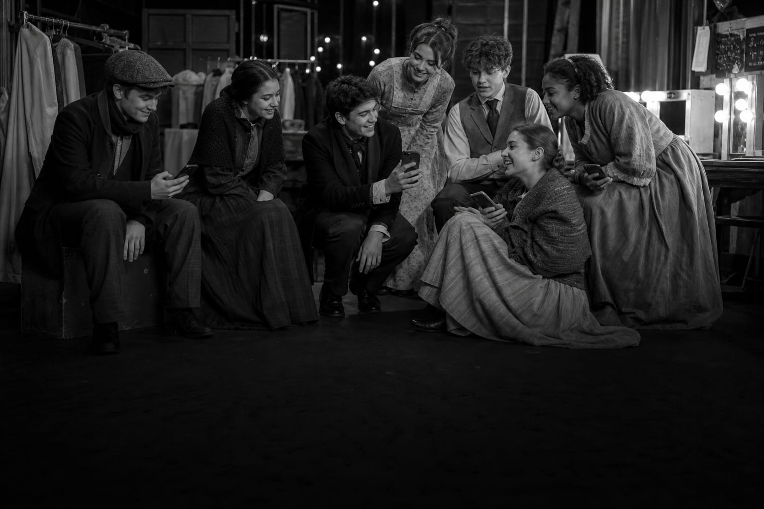 Cast members backstage checking rehearsal notes on their phones during a holiday production