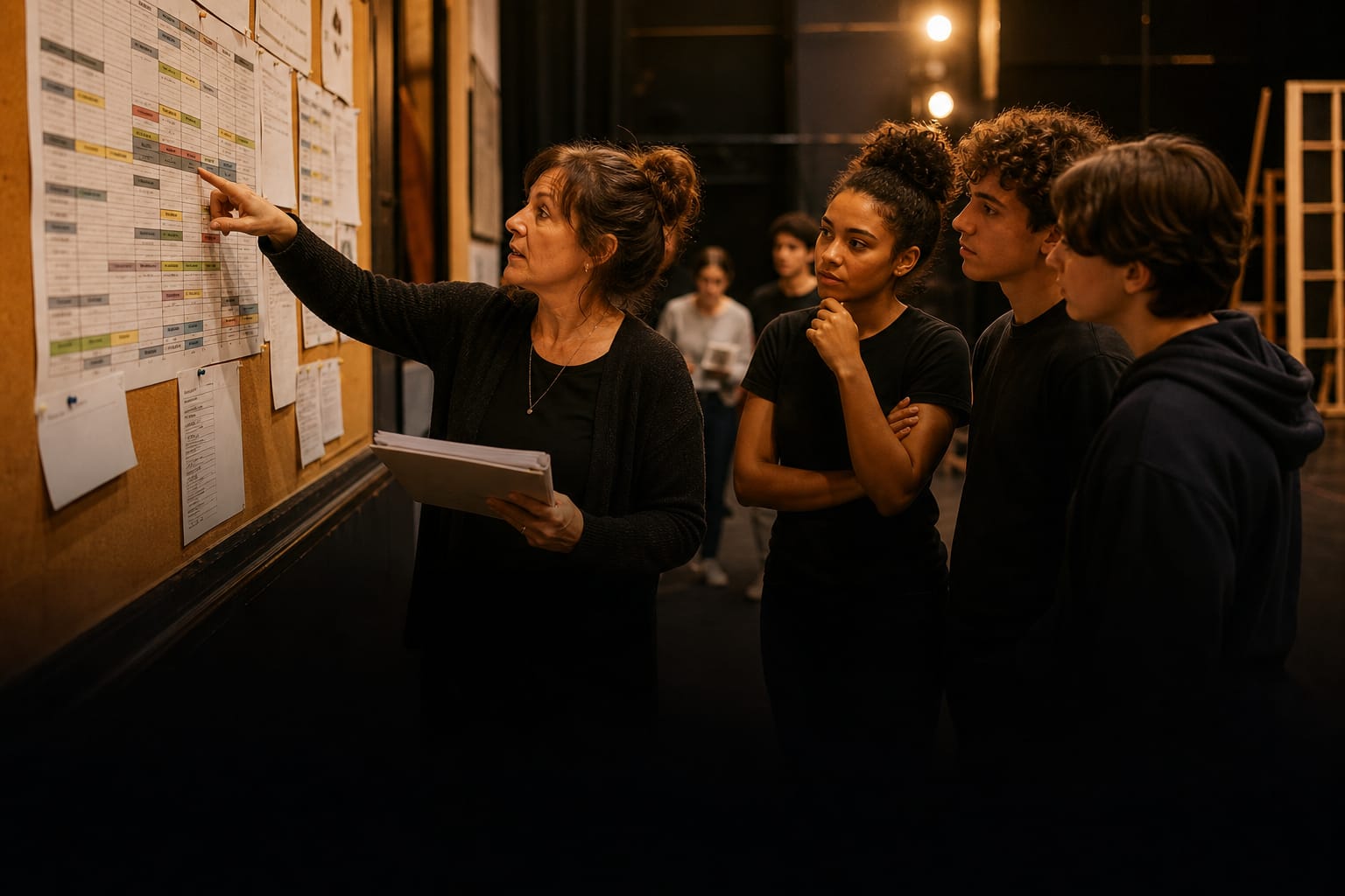 A district arts coordinator meeting with school arts teachers in a school hallway
