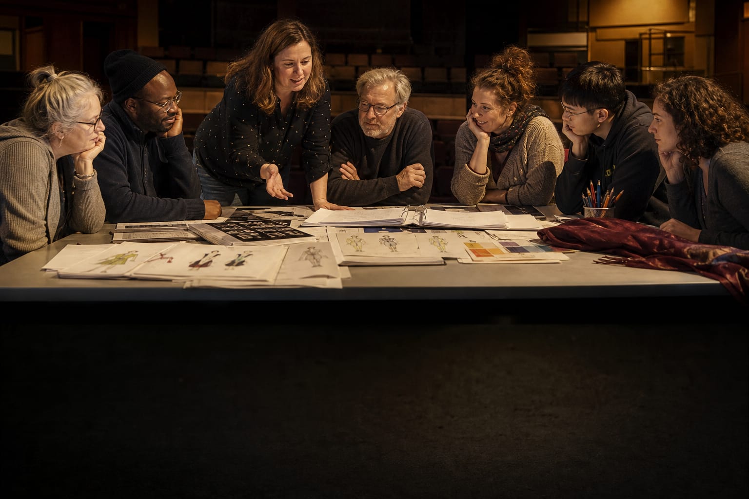 A school theatre leadership team gathered around a table of production plans and costume sketches on stage