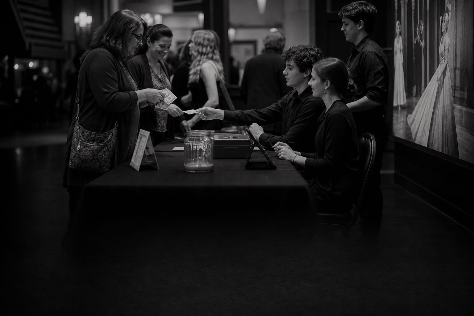 Guests making a donation at a warmly lit check-in table during a community gala
