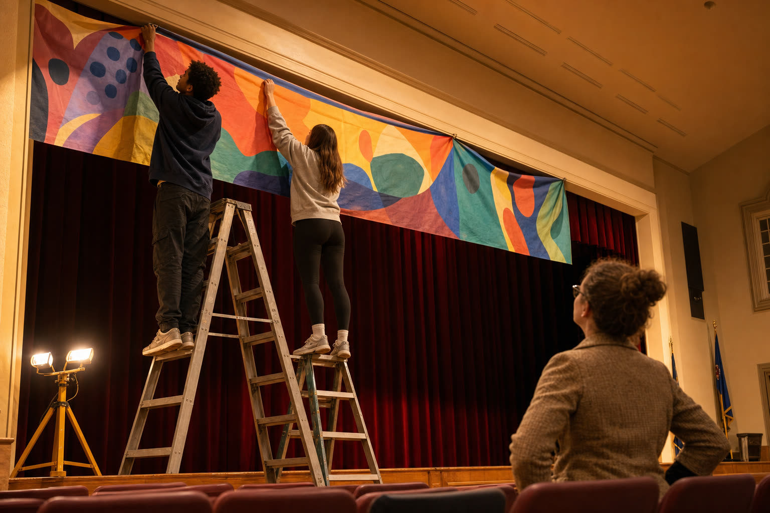 Students hang a colorful banner above a school auditorium stage while a teacher watches