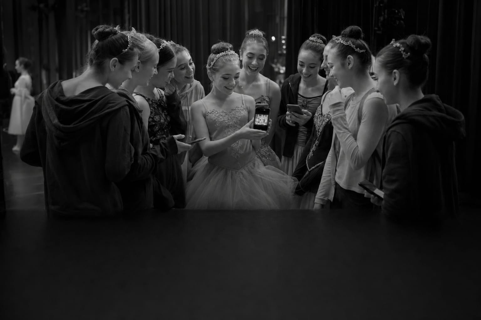Young ballet dancers waiting in the wings before a sold-out recital performance
