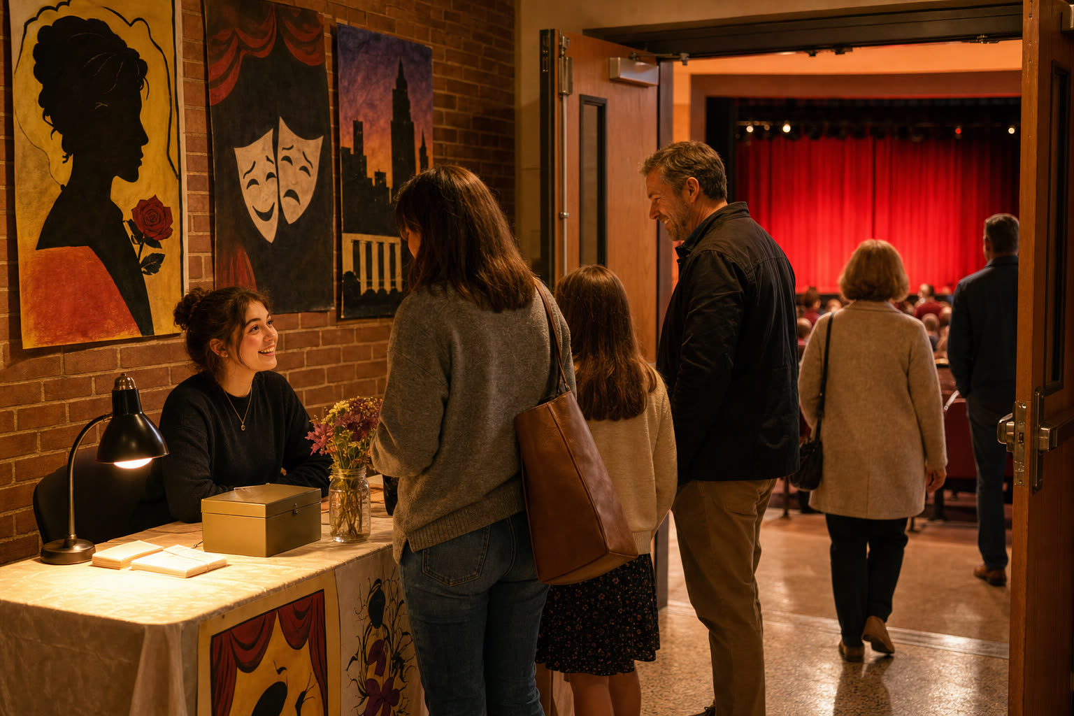 Families arrive at a high school theatre box office table on performance night