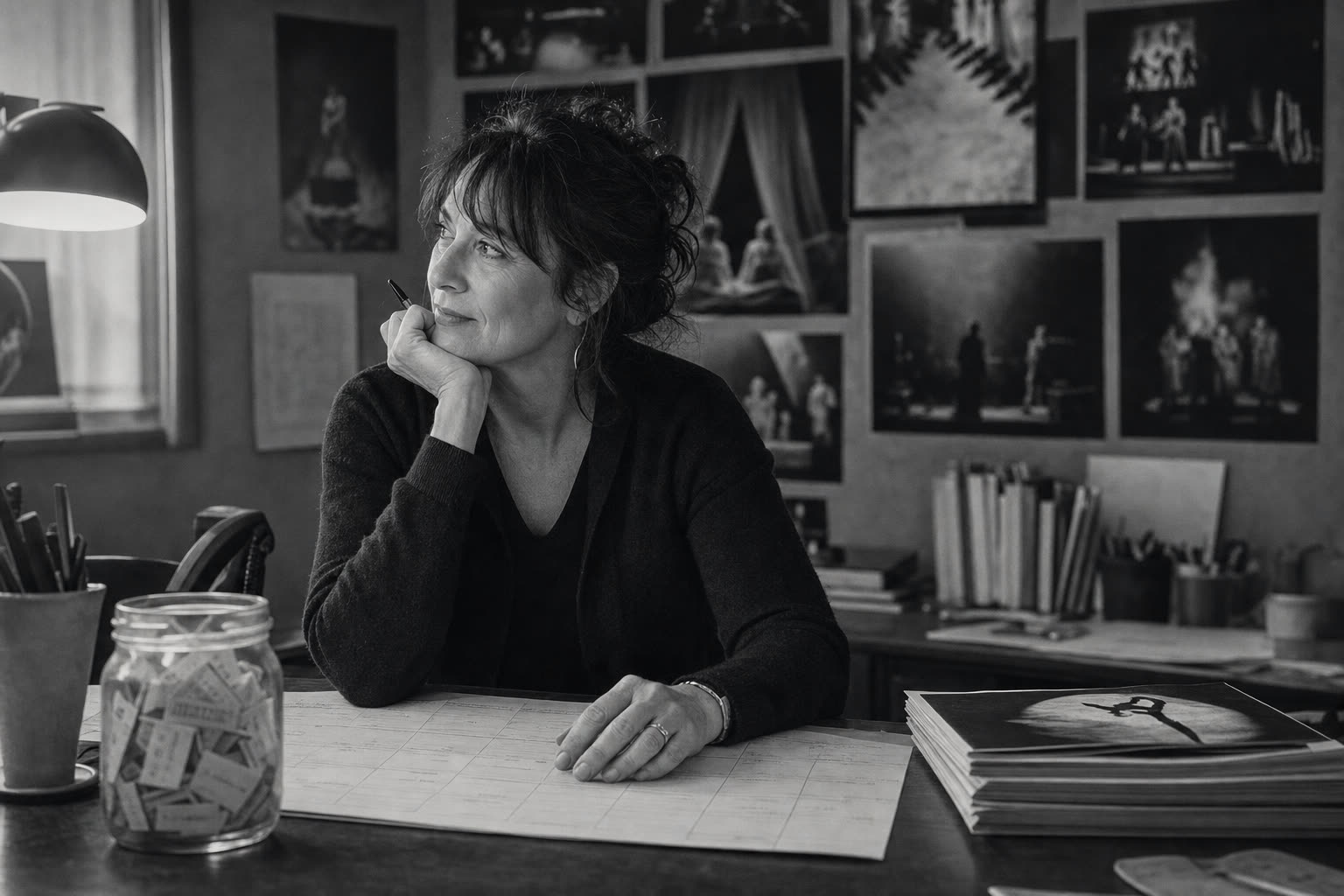 A drama teacher plans communications at her desk beside a jar of ticket stubs